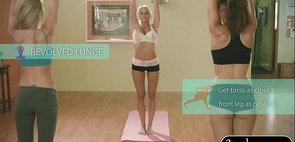  Busty trainer teaching new yoga techniques to two hotties